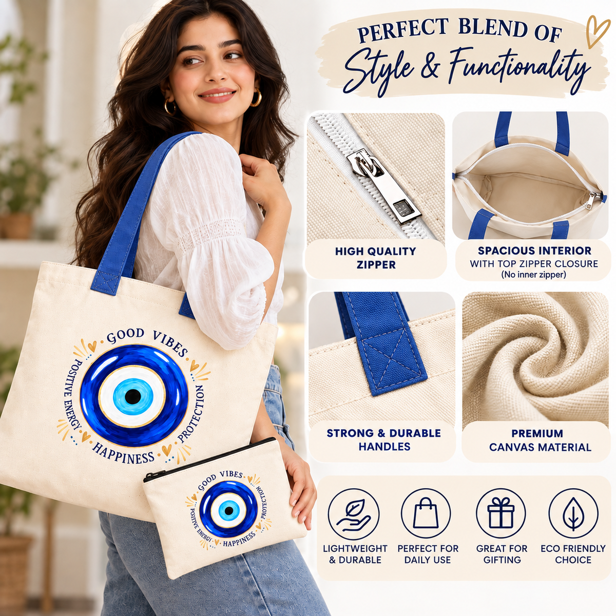 Blue Handle Evil Eye Tote Bag with Pouch | Good Vibes Tote Bag 14 x 16 Inch