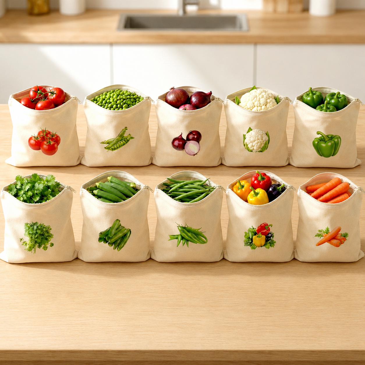 Vegetable Print Cotton Storage Pouch Set of 12 | Kitchen Organiser Bags