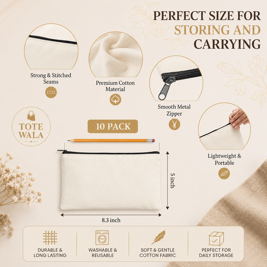 330 GSM Canvas Zipper Pouch 9×5 Inch | Bulk Custom Print | Tote Wala