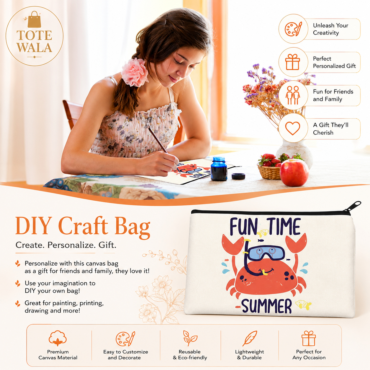 330 GSM Canvas Zipper Pouch 9ร5 Inch | Bulk Custom Print | Tote Wala