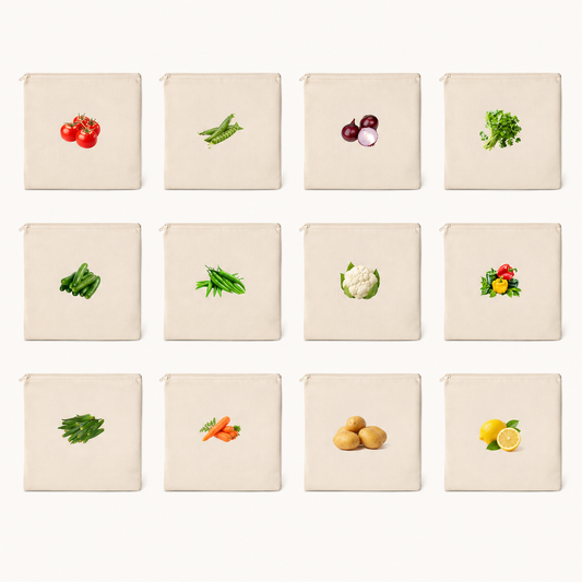 12 x 12 inch reusable cotton vegetable storage pouch set of 12 featuring tomato, peas, onion, coriander, cucumber, green chilli, cauliflower, capsicum, okra, carrot, potato, and lemon prints.
