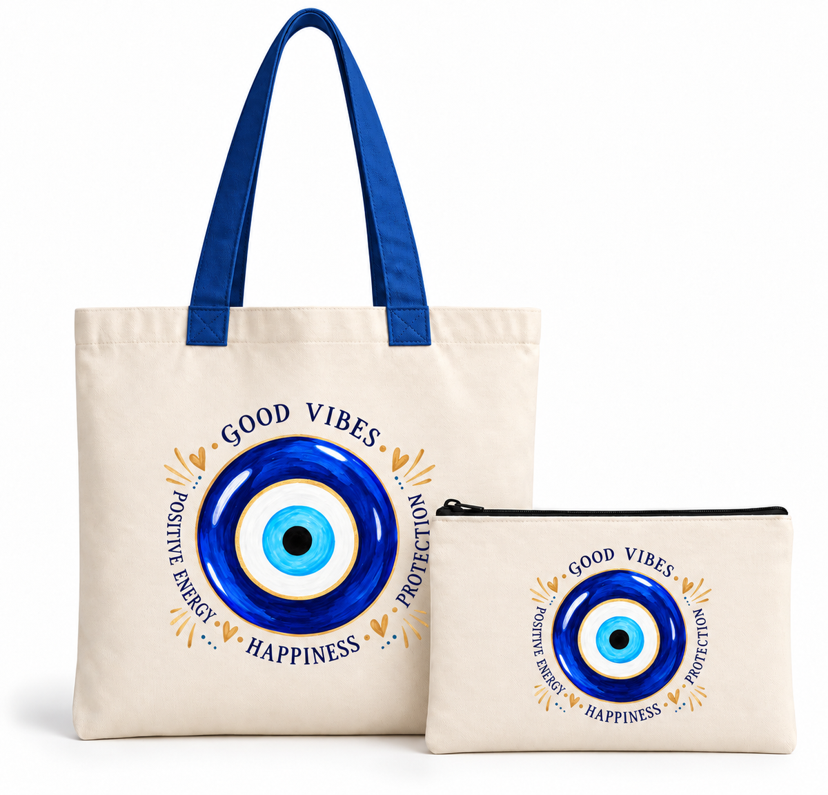 Blue handle evil eye tote bag 14x16 inch with matching 5x9 inch zipper pouch