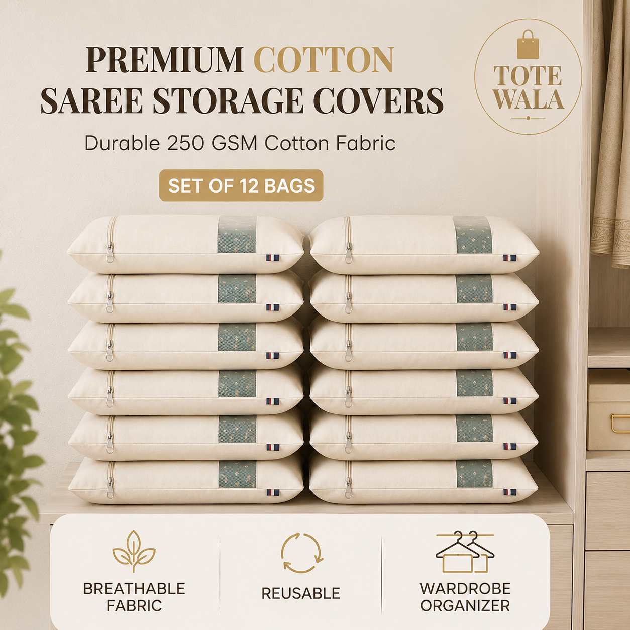 Cotton Saree Cover with Zipper | Set of 6 & 12 | Tote Wala