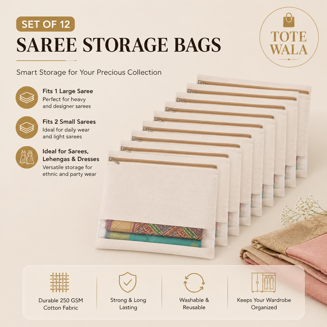 Cotton Saree Cover with Zipper | Set of 6 & 12 | Tote Wala