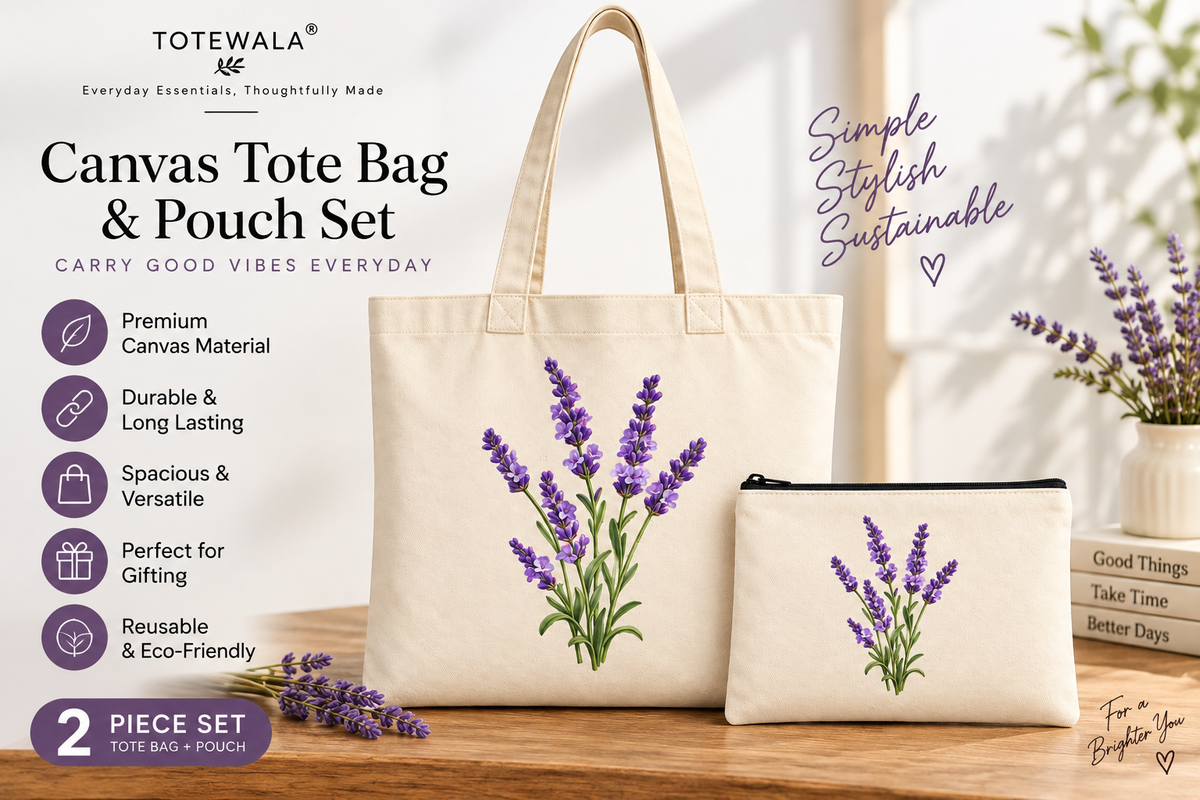 Lavender Floral Tote Bag with Pouch | Flower Print Tote Bag for Women