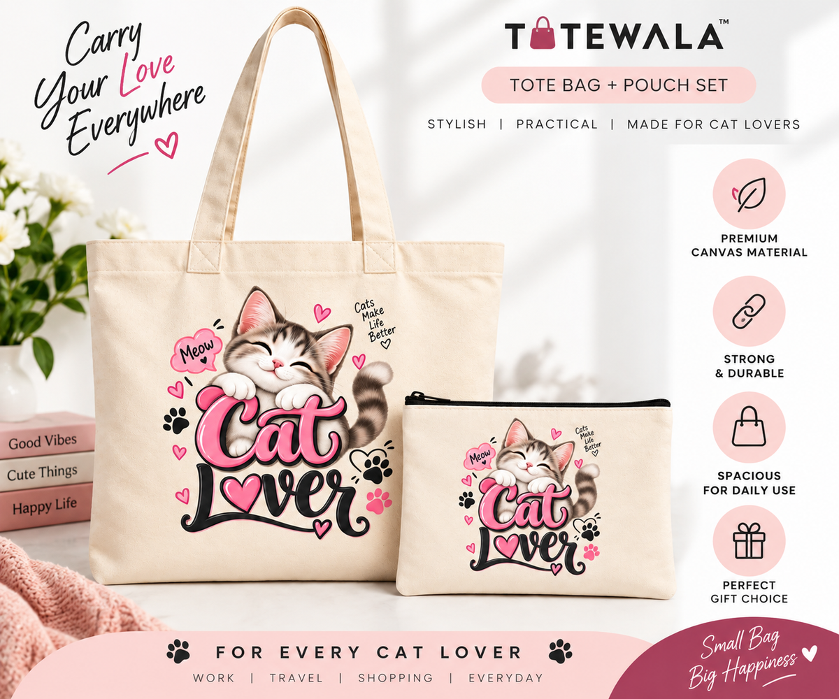 Cat Lover Tote Bag with Pouch | Cute Cat Print Cotton Tote Bag for Women | Totewala
