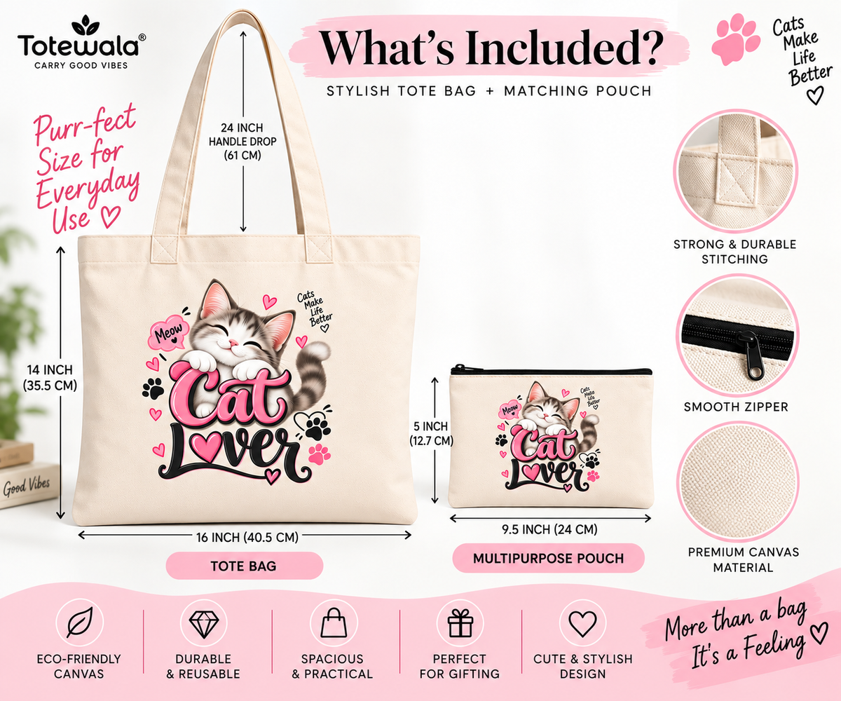 Cat Lover Tote Bag with Pouch | Cute Cat Print Cotton Tote Bag for Women | Totewala