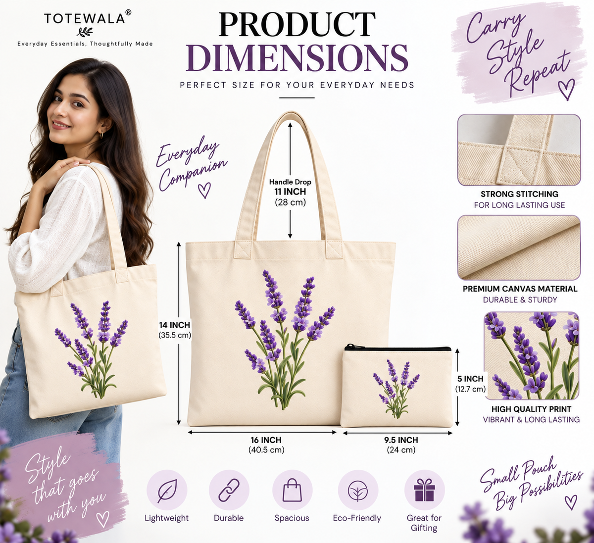 Lavender Floral Tote Bag with Pouch | Flower Print Tote Bag for Women