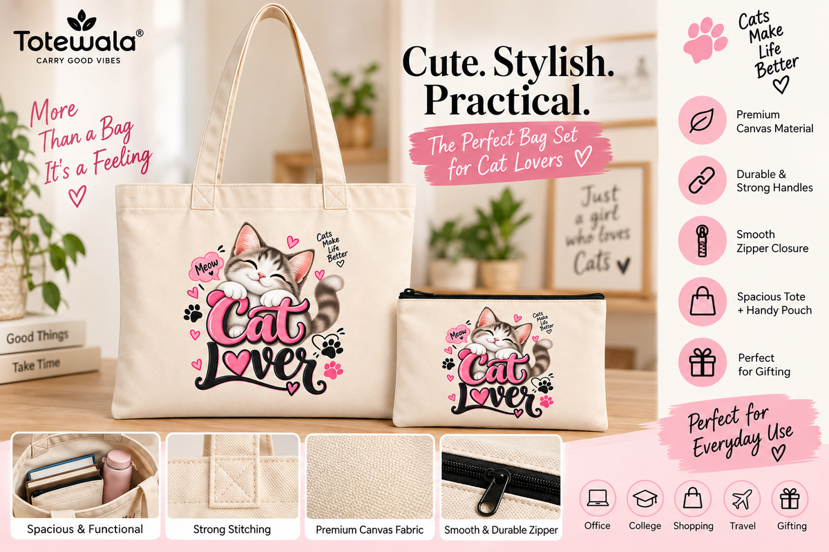 Cat Lover Tote Bag with Pouch | Cute Cat Print Cotton Tote Bag for Women | Totewala