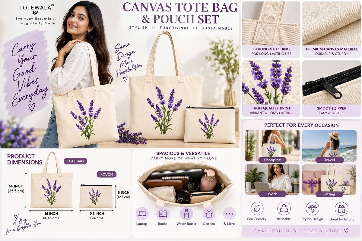 Lavender Floral Tote Bag with Pouch | Flower Print Tote Bag for Women
