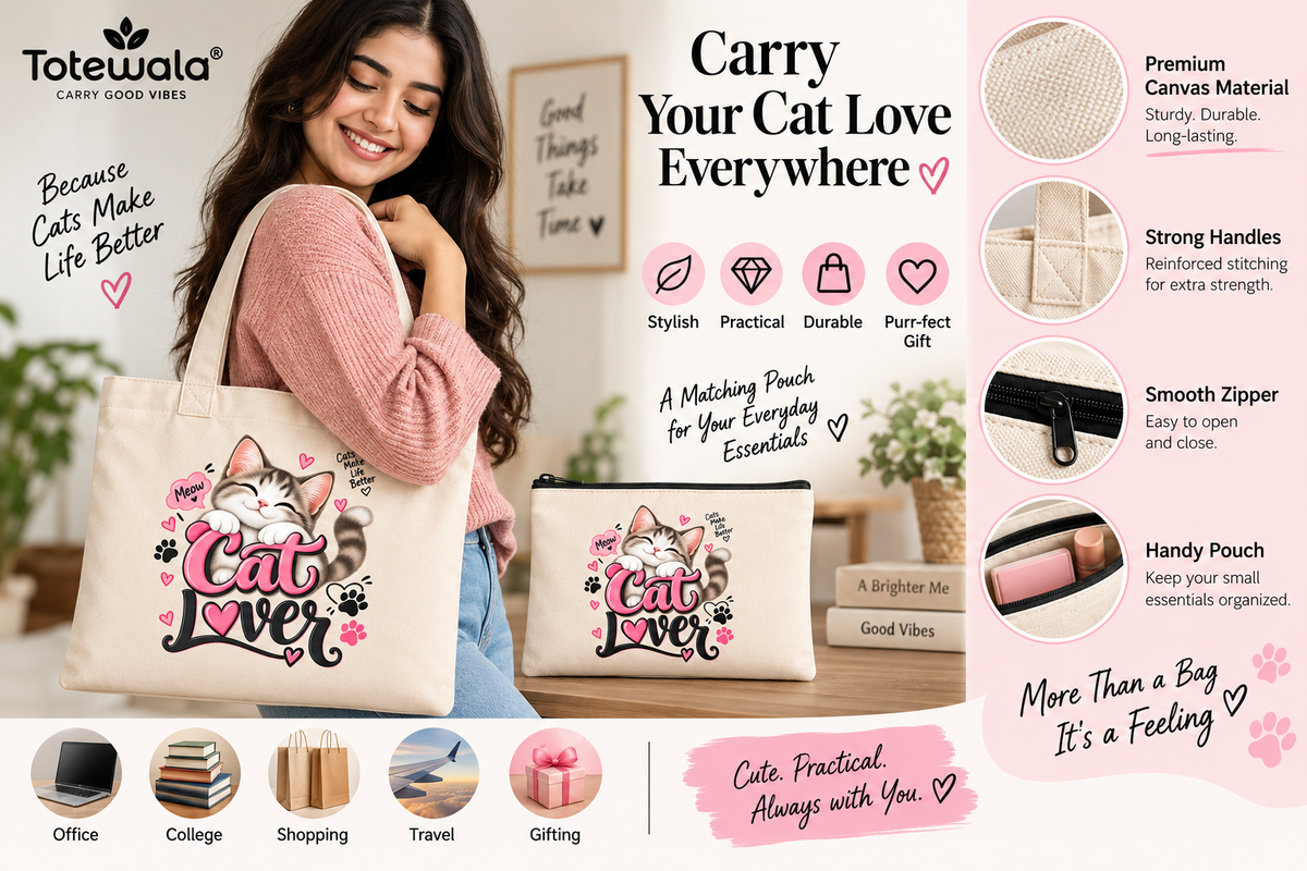Cat Lover Tote Bag with Pouch | Cute Cat Print Cotton Tote Bag for Women | Totewala