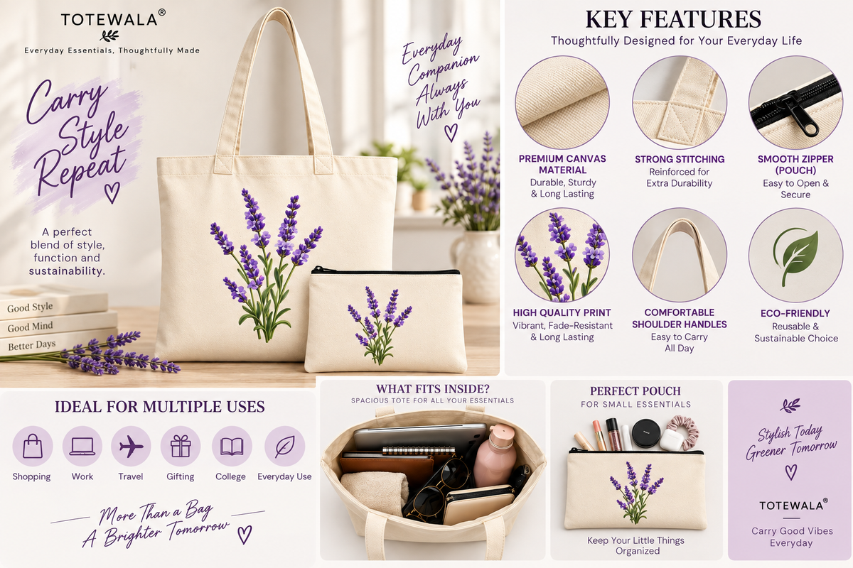 Lavender Floral Tote Bag with Pouch | Flower Print Tote Bag for Women