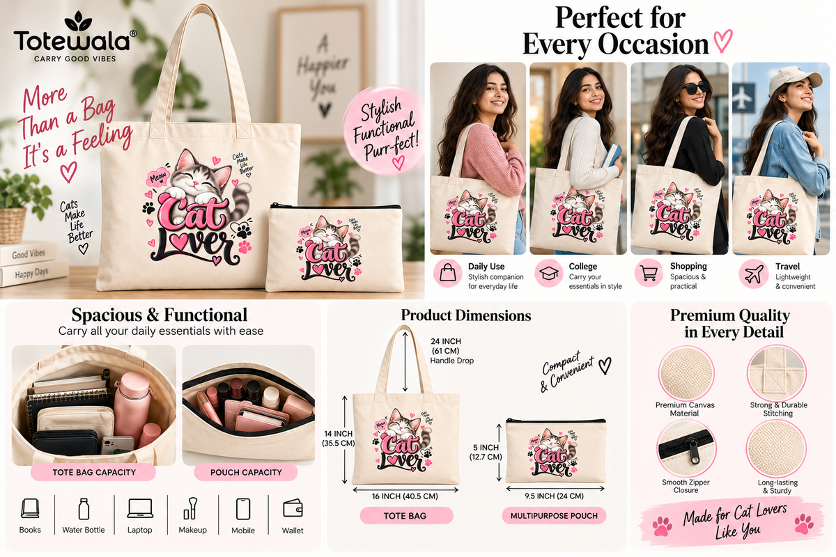 Cat Lover Tote Bag with Pouch | Cute Cat Print Cotton Tote Bag for Women | Totewala
