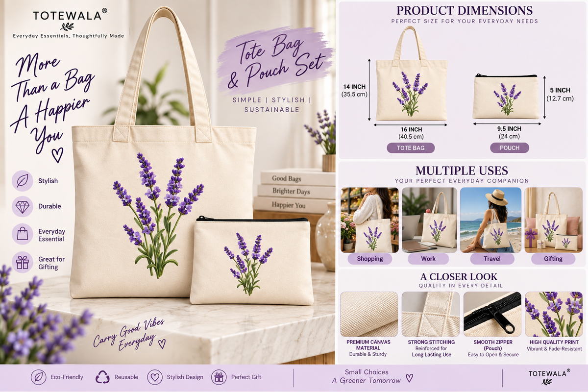 Lavender Floral Tote Bag with Pouch | Flower Print Tote Bag for Women
