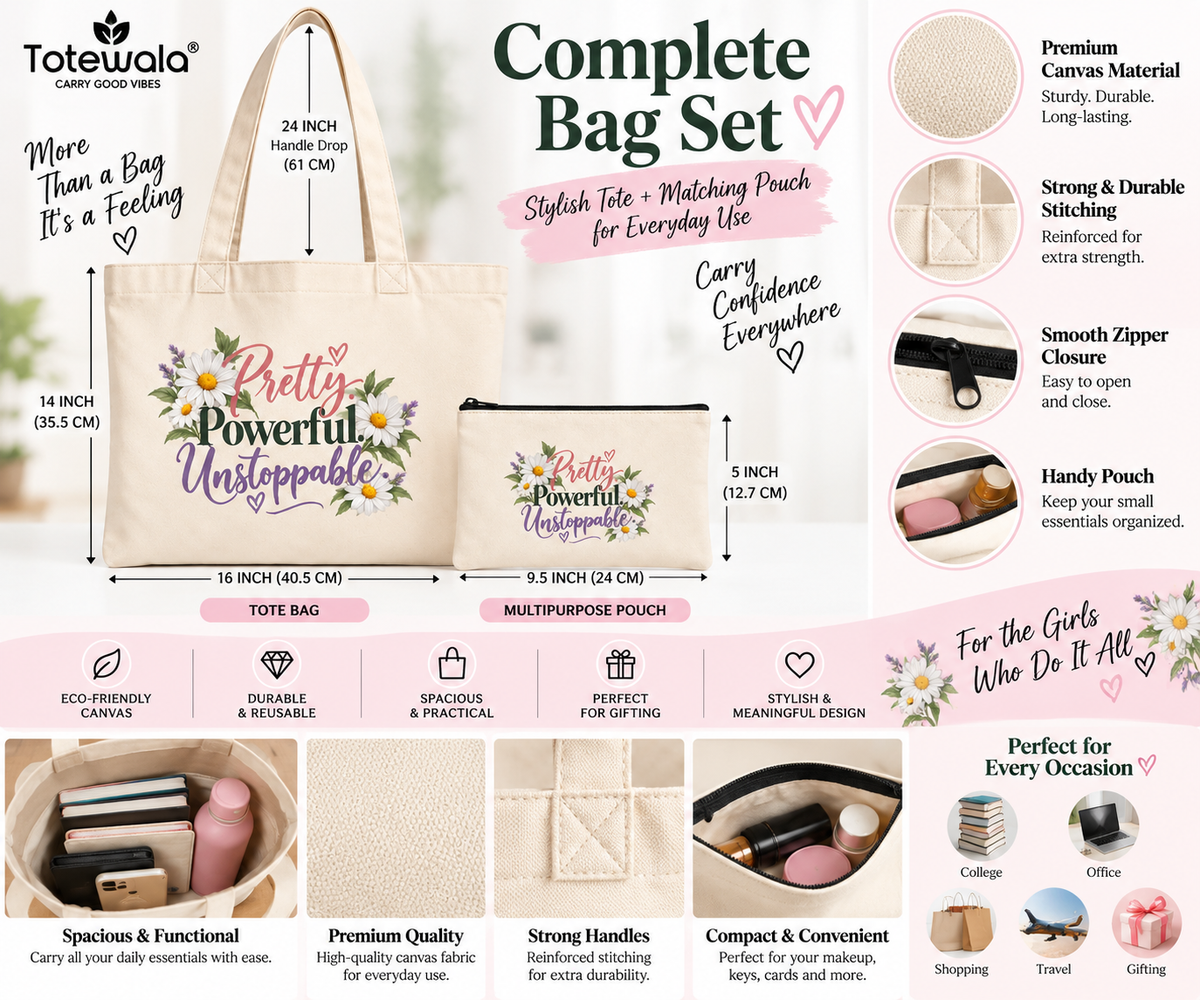 Pretty Powerful Unstoppable Floral Tote Bag with Pouch | Women's Cotton Tote Bag | Totewala