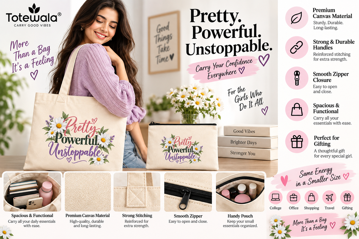 Pretty Powerful Unstoppable Floral Tote Bag with Pouch | Women's Cotton Tote Bag | Totewala