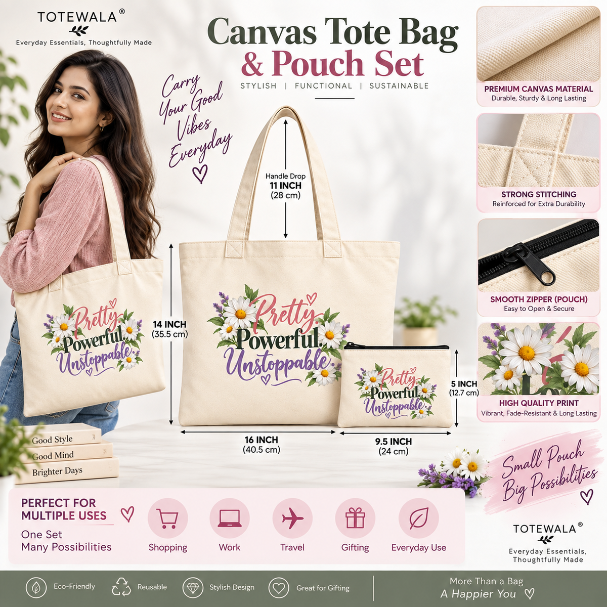 Pretty Powerful Unstoppable Floral Tote Bag with Pouch | Women's Cotton Tote Bag | Totewala