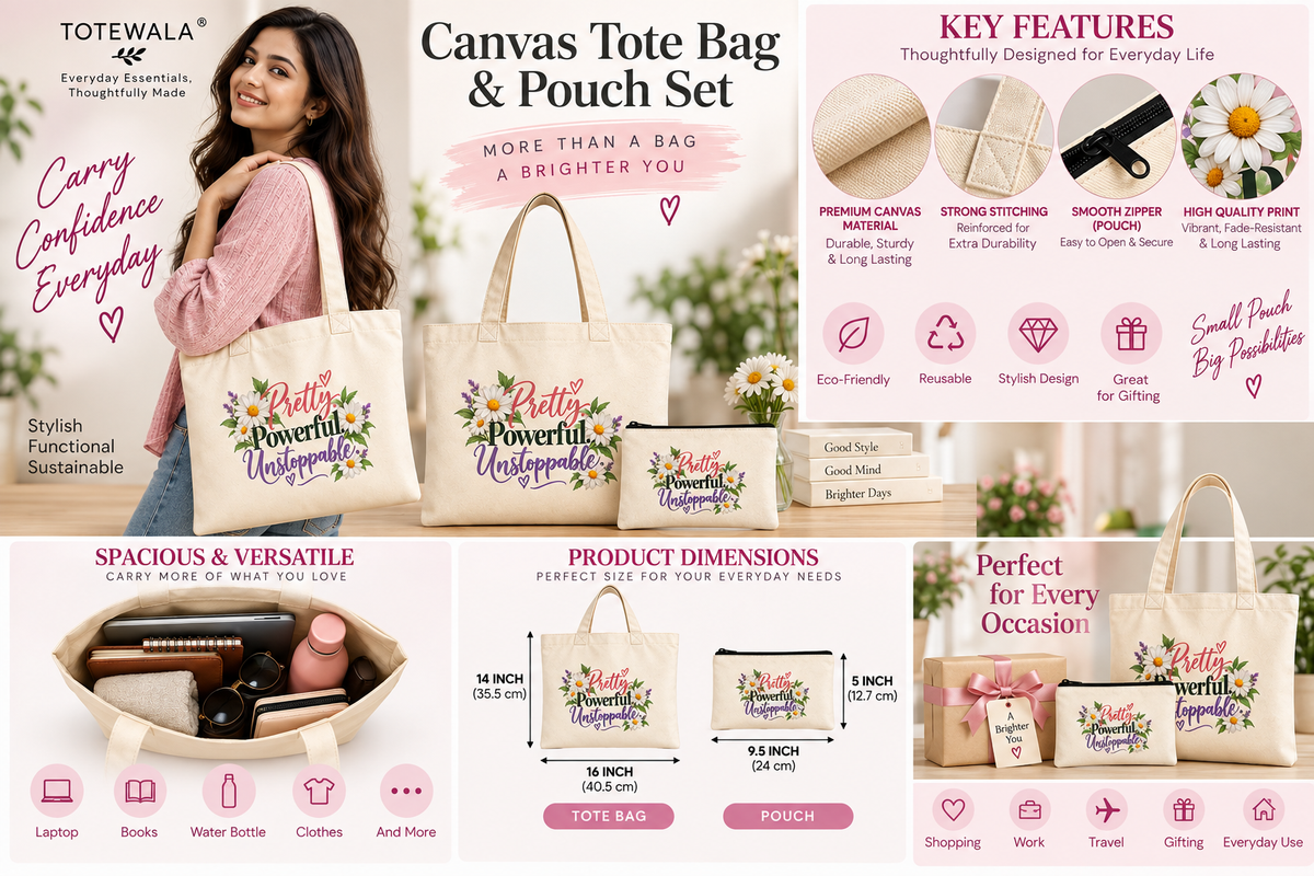 Pretty Powerful Unstoppable Floral Tote Bag with Pouch | Women's Cotton Tote Bag | Totewala