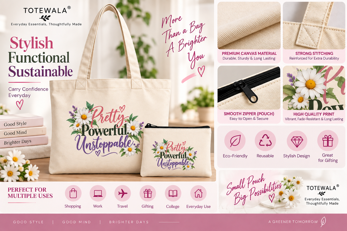 Pretty Powerful Unstoppable Floral Tote Bag with Pouch | Women's Cotton Tote Bag | Totewala
