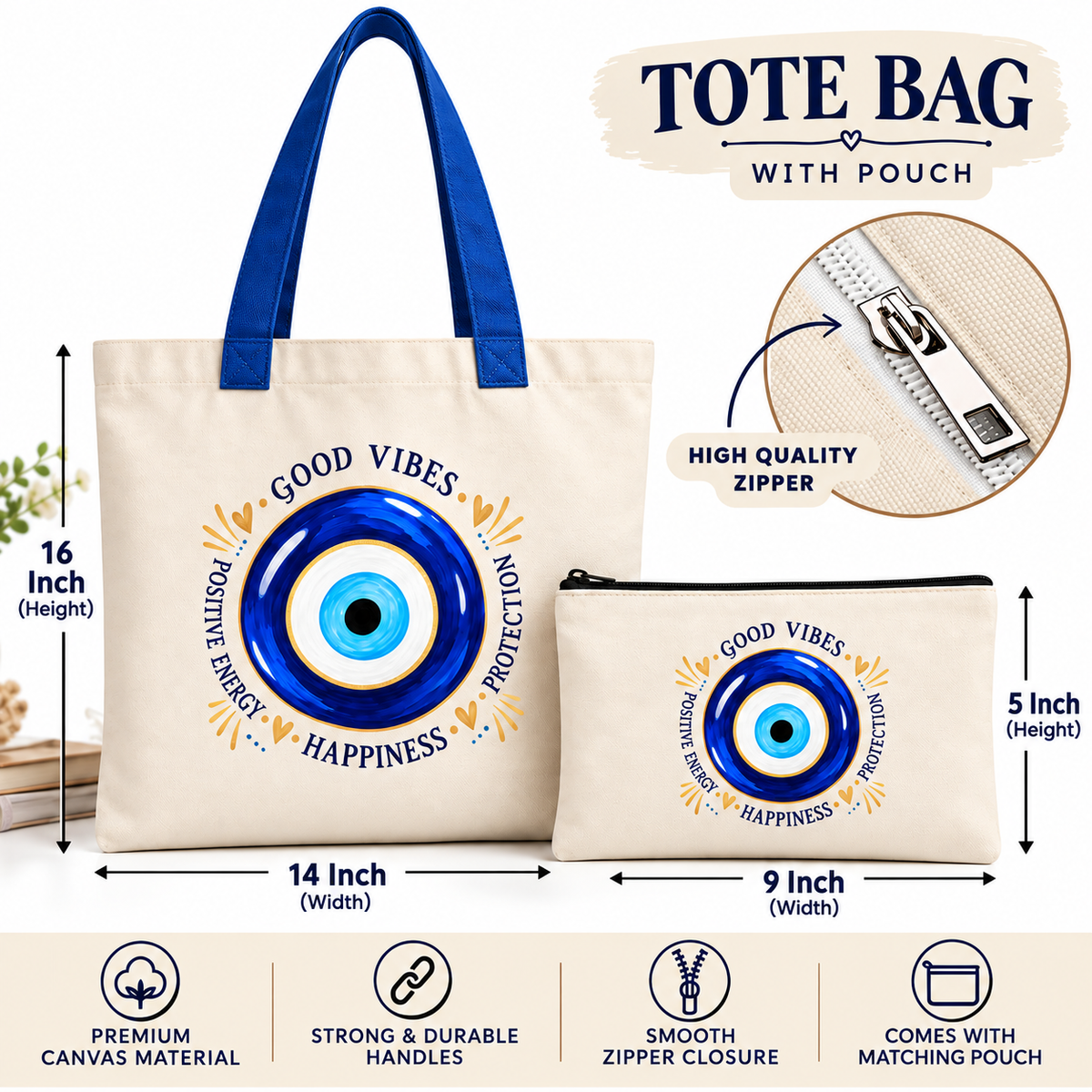 Blue Handle Evil Eye Tote Bag with Pouch | Good Vibes Tote Bag 14 x 16 Inch