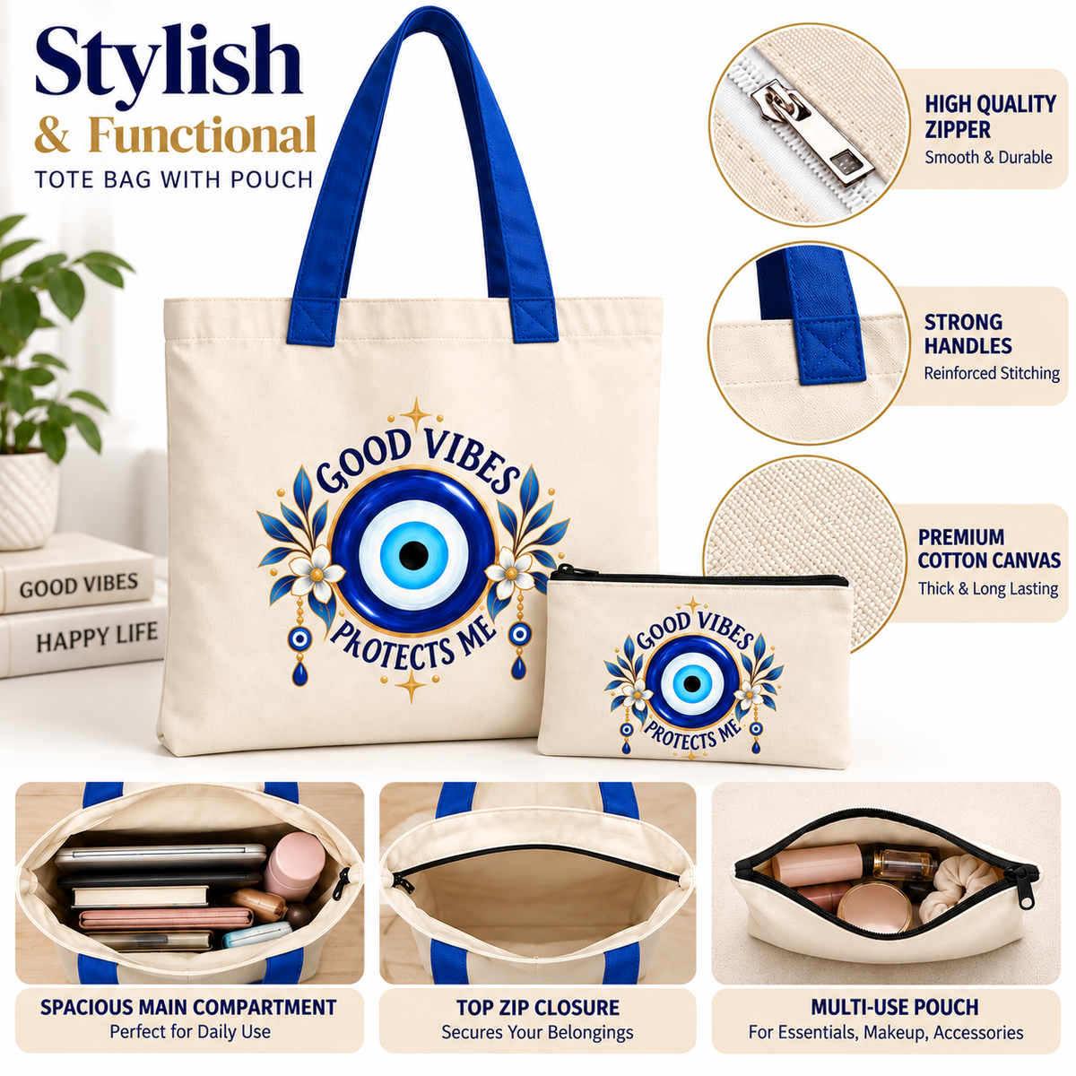 Good Vibes Evil Eye Tote Bag with Pouch | Floral 14 x 16 Inch Tote Bag