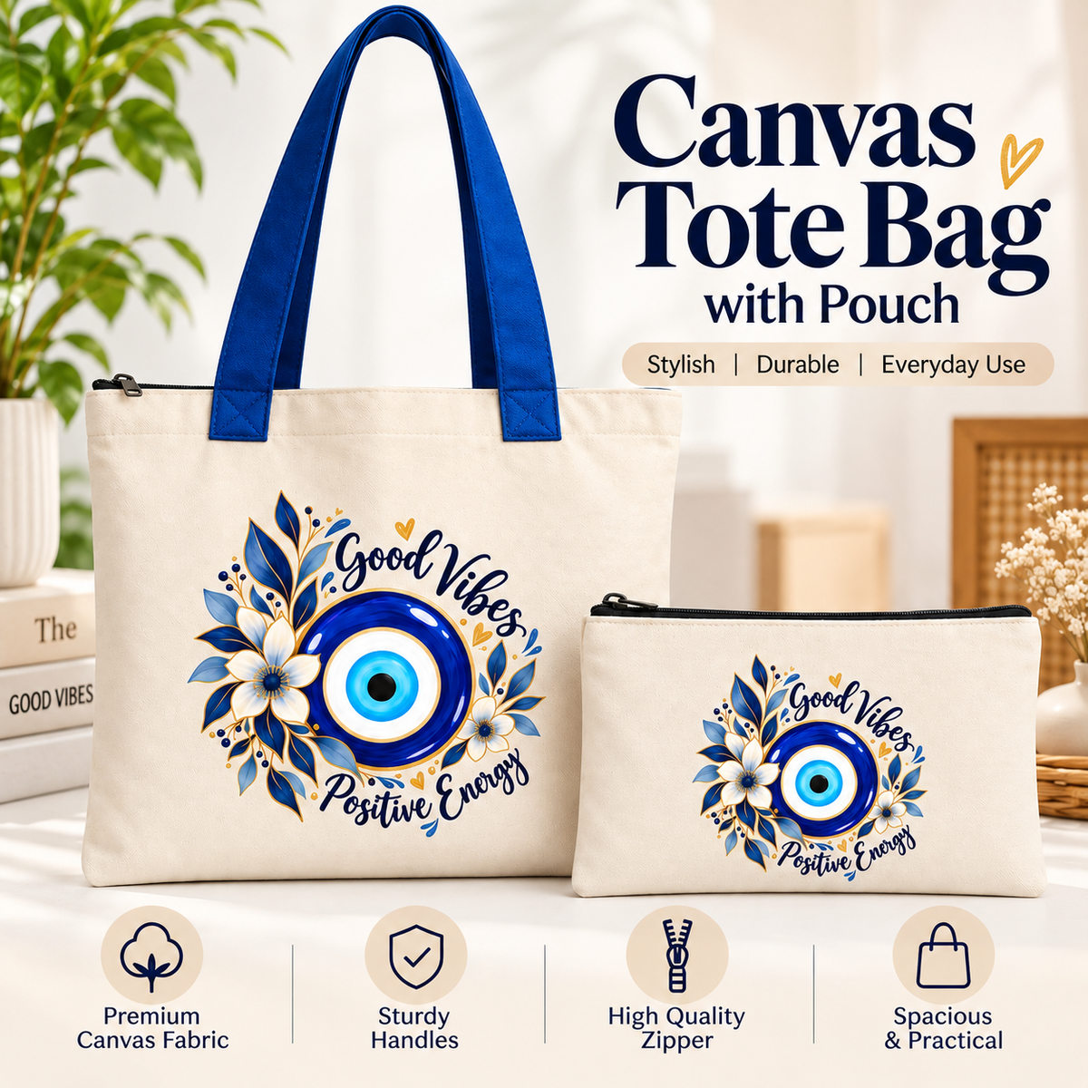 Good Vibes Floral Evil Eye Tote Bag with Pouch | 14 x 16 Inch