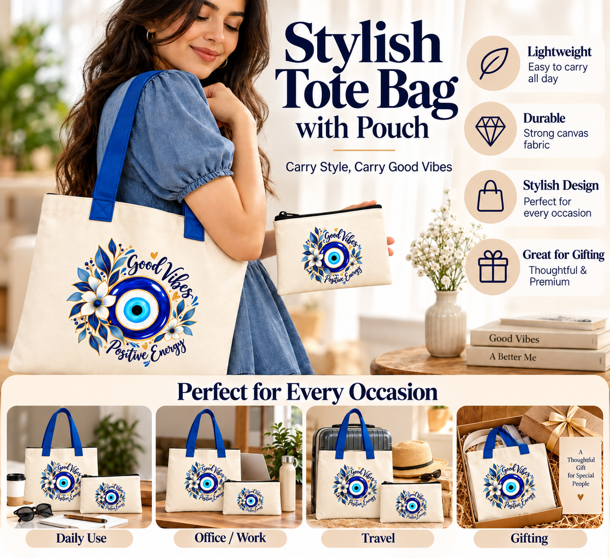 Good Vibes Floral Evil Eye Tote Bag with Pouch | 14 x 16 Inch