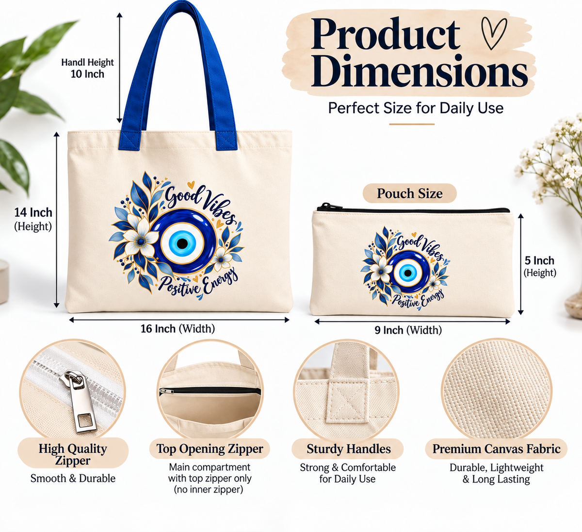 Good Vibes Floral Evil Eye Tote Bag with Pouch | 14 x 16 Inch