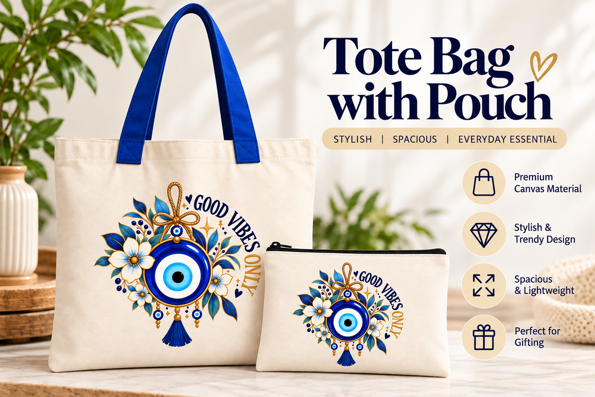 Floral Evil Eye Tote Bag with Pouch | Good Vibes 14 x 16 Inch Tote Bag