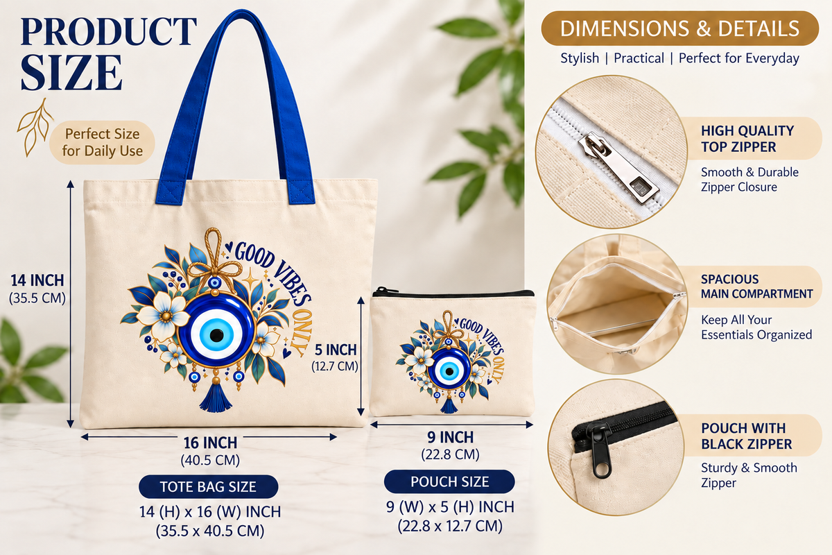 Floral Evil Eye Tote Bag with Pouch | Good Vibes 14 x 16 Inch Tote Bag