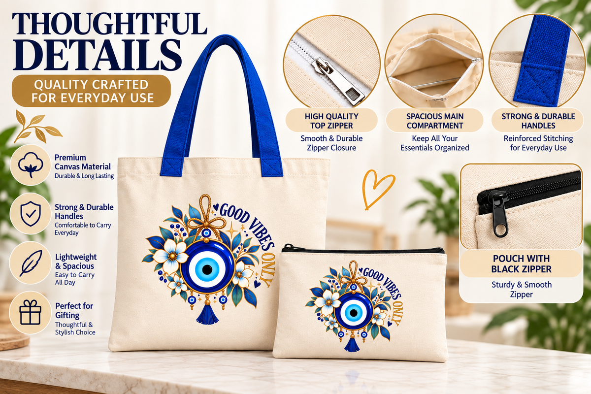 Floral Evil Eye Tote Bag with Pouch | Good Vibes 14 x 16 Inch Tote Bag