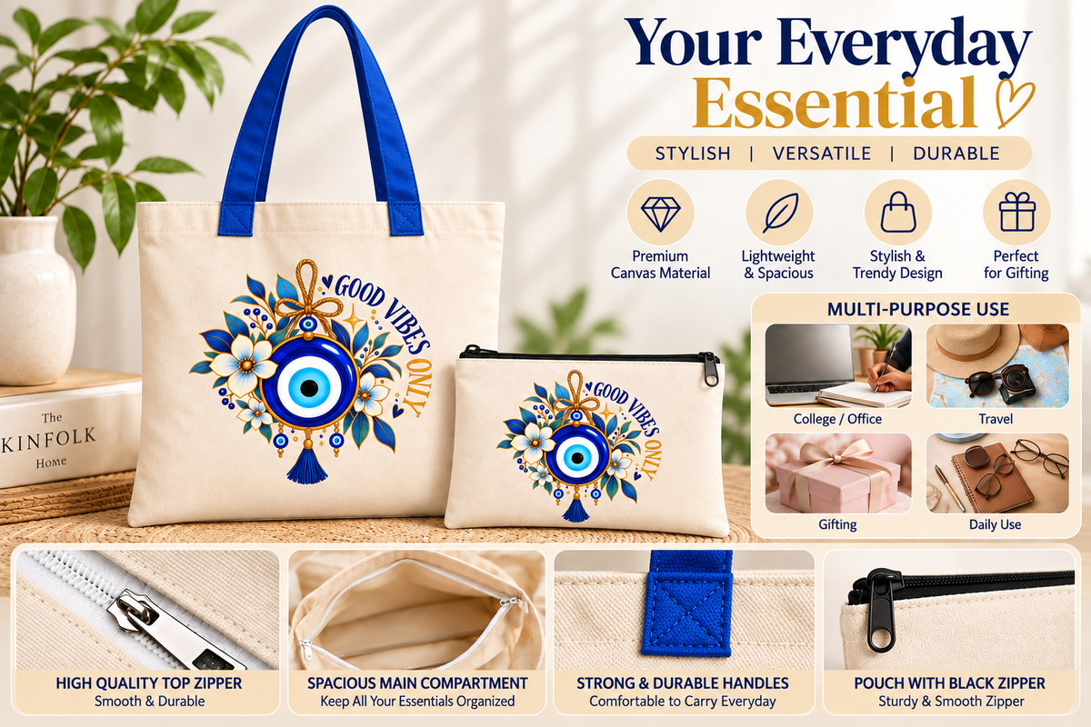 Floral Evil Eye Tote Bag with Pouch | Good Vibes 14 x 16 Inch Tote Bag