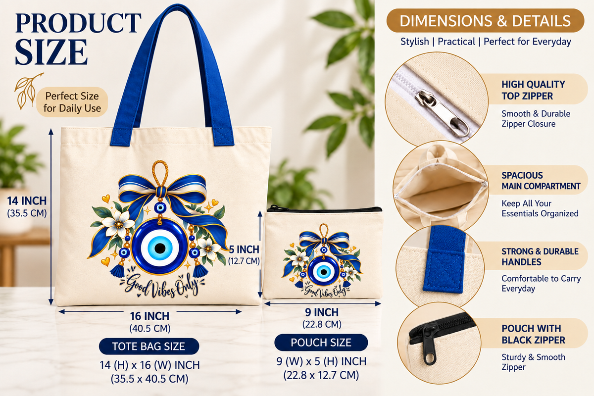 Good Vibes Evil Eye Tote Bag with Pouch | Floral Bow 14 x 16 Inch