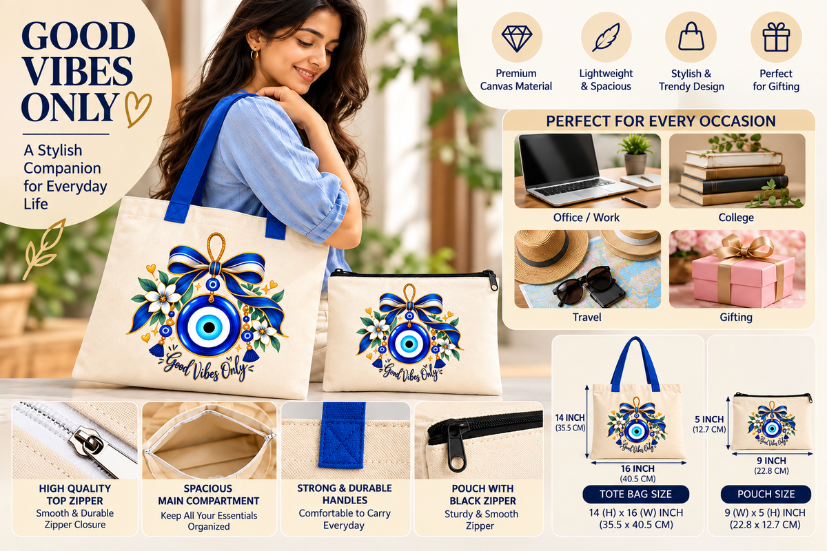 Good Vibes Evil Eye Tote Bag with Pouch | Floral Bow 14 x 16 Inch