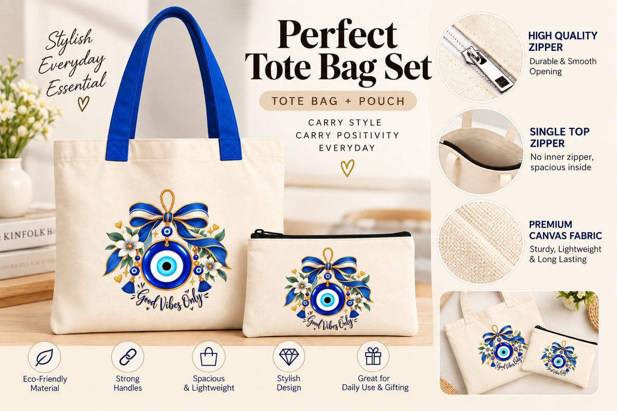 Good Vibes Evil Eye Tote Bag with Pouch | Floral Bow 14 x 16 Inch