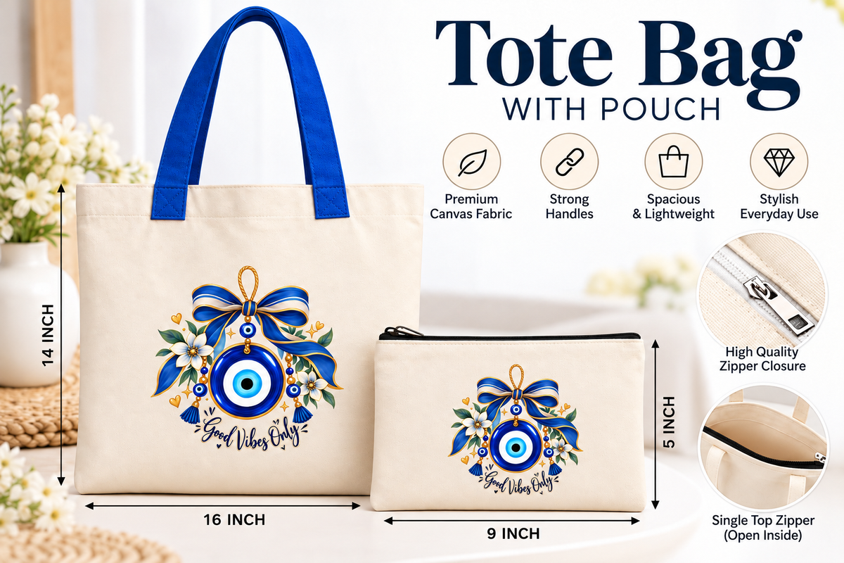 Good Vibes Evil Eye Tote Bag with Pouch | Floral Bow 14 x 16 Inch