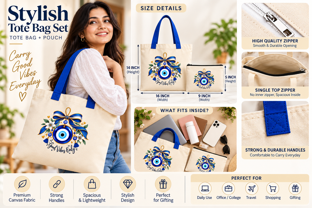 Good Vibes Evil Eye Tote Bag with Pouch | Floral Bow 14 x 16 Inch