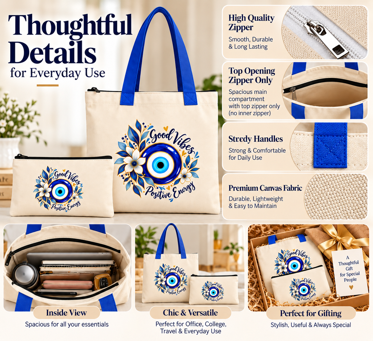 Good Vibes Floral Evil Eye Tote Bag with Pouch | 14 x 16 Inch
