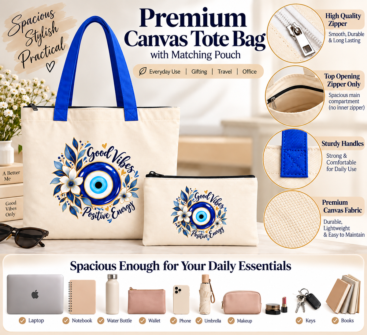 Good Vibes Floral Evil Eye Tote Bag with Pouch | 14 x 16 Inch