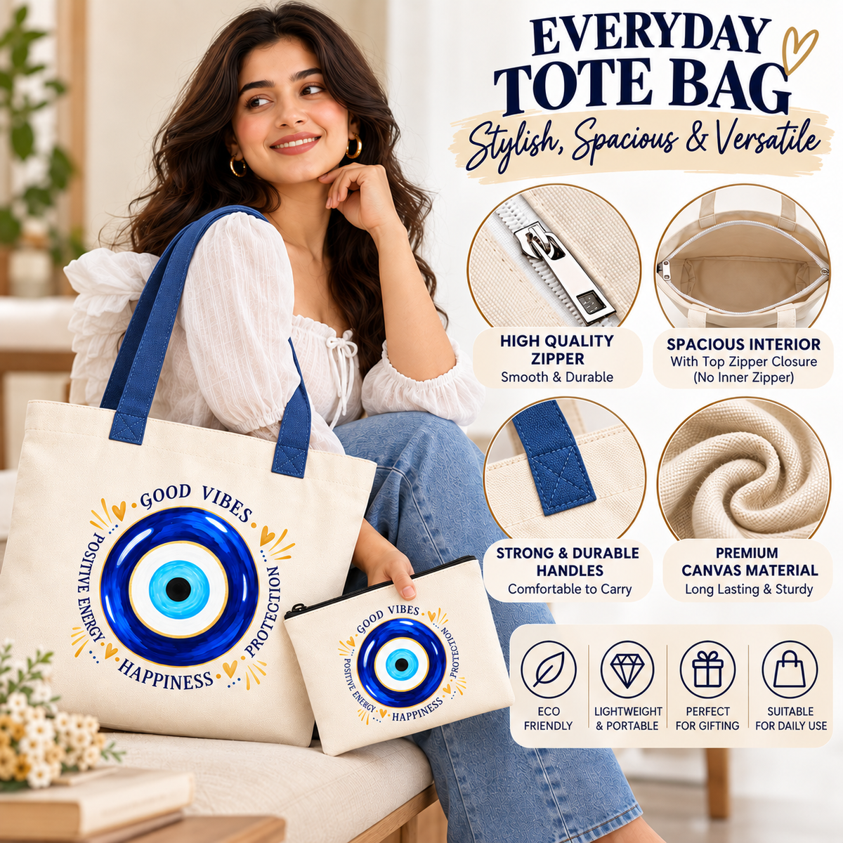 Blue Handle Evil Eye Tote Bag with Pouch | Good Vibes Tote Bag 14 x 16 Inch