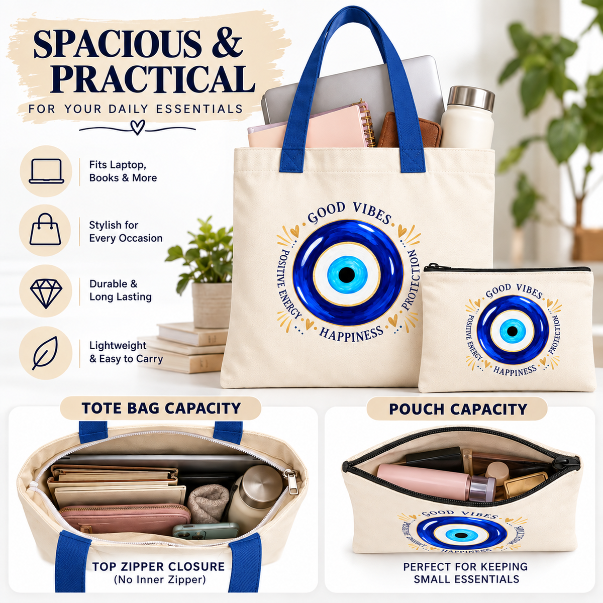 Blue Handle Evil Eye Tote Bag with Pouch | Good Vibes Tote Bag 14 x 16 Inch