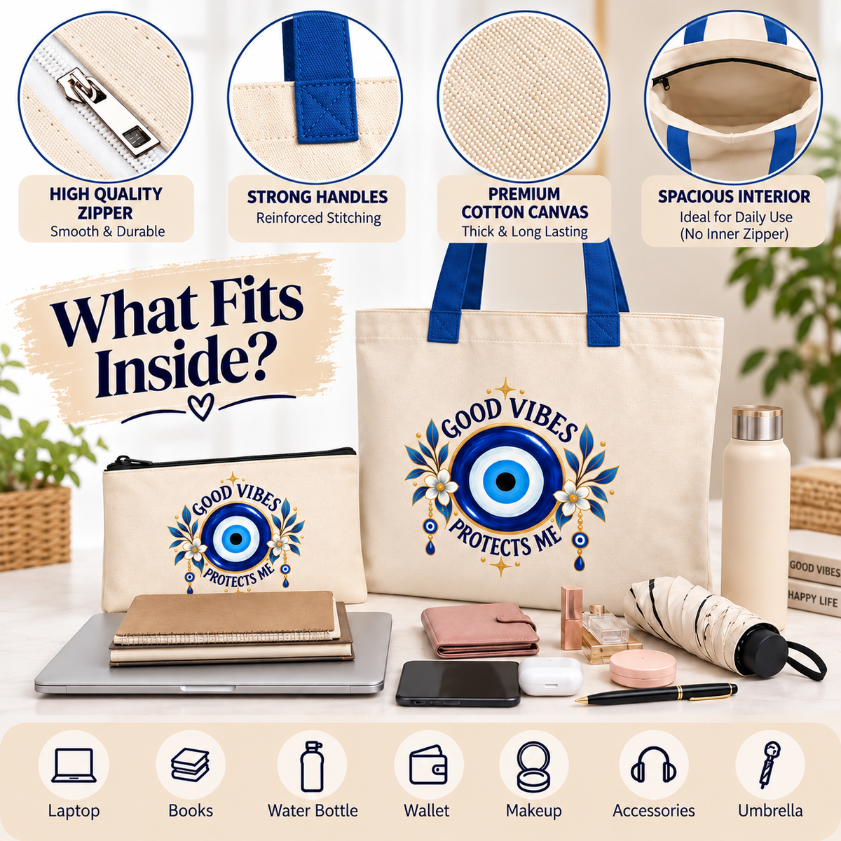 Good Vibes Evil Eye Tote Bag with Pouch | Floral 14 x 16 Inch Tote Bag