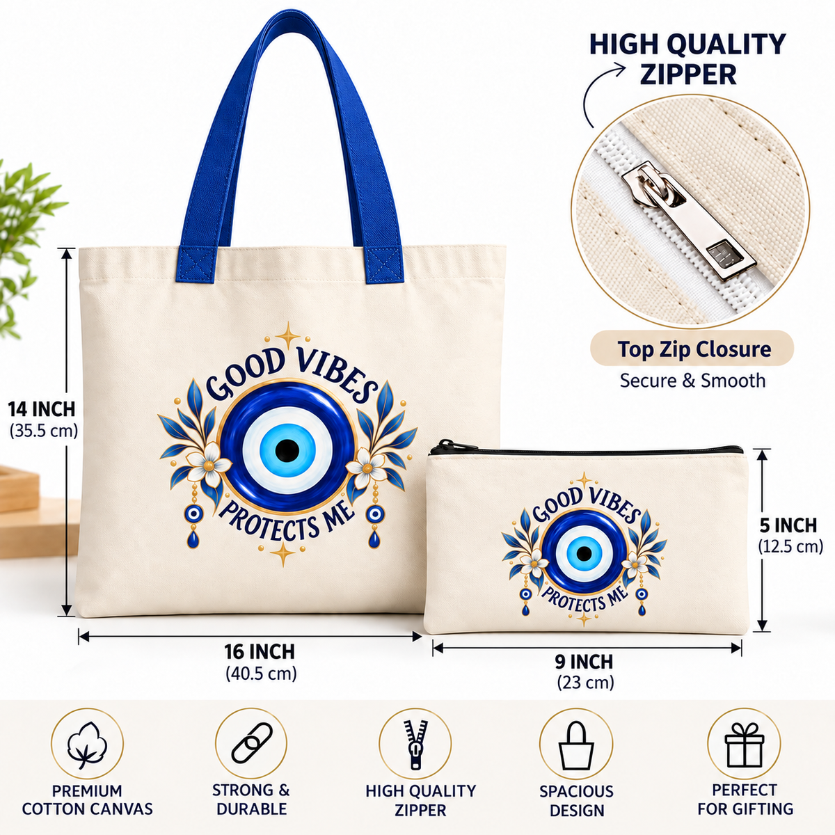 Good Vibes Evil Eye Tote Bag with Pouch | Floral 14 x 16 Inch Tote Bag