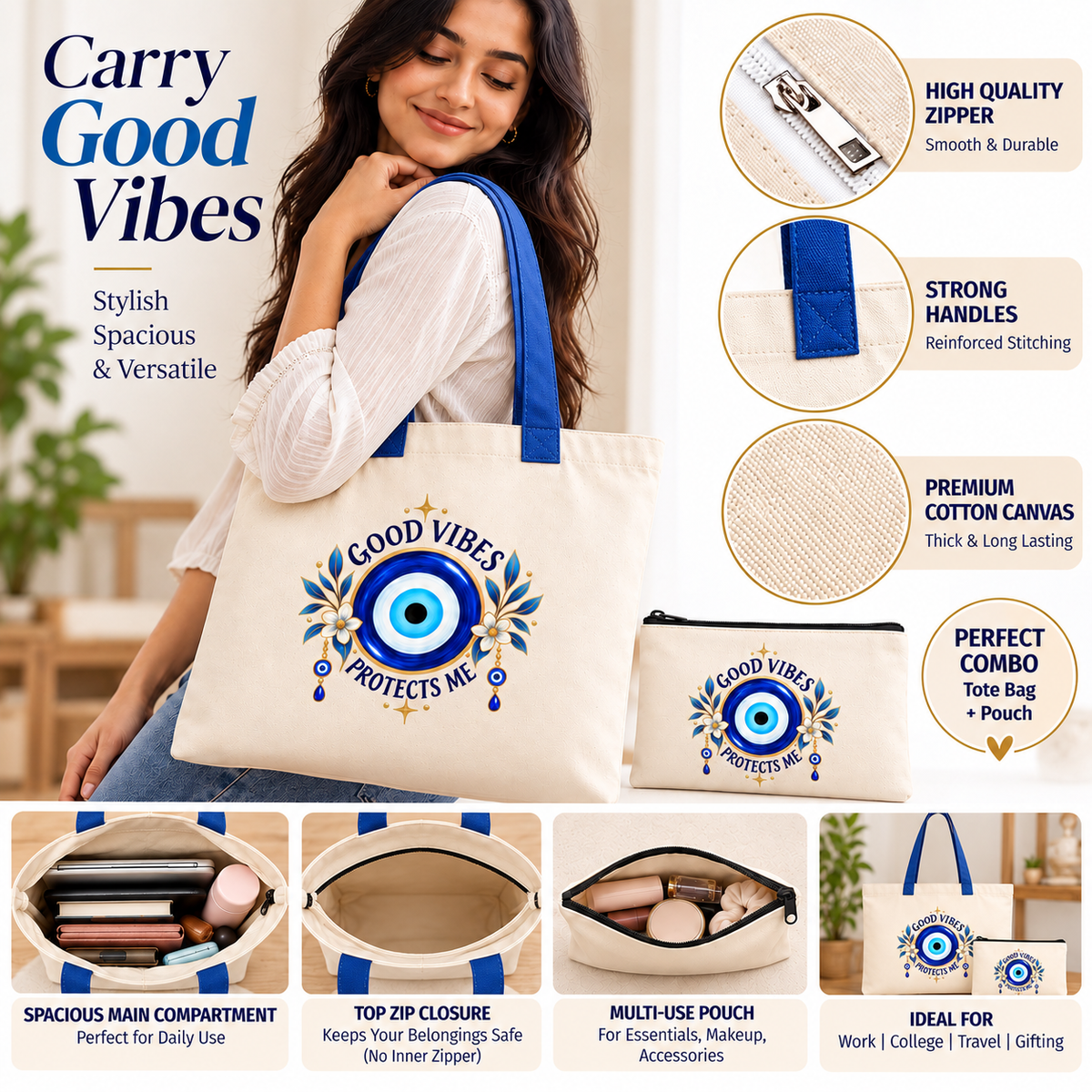 Good Vibes Evil Eye Tote Bag with Pouch | Floral 14 x 16 Inch Tote Bag