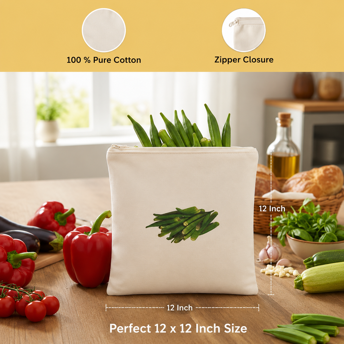 Vegetable Print Cotton Storage Pouch Set of 10 & 12 | Kitchen Organiser Bags