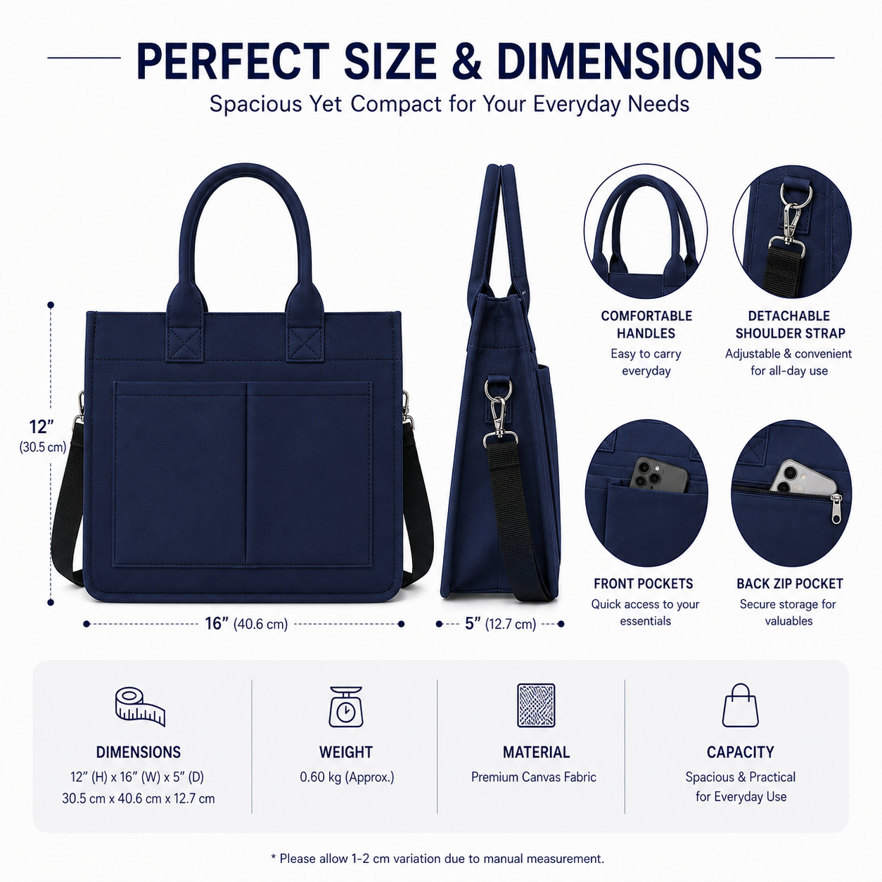 Navy Blue Convertible Canvas Tote & Laptop Bag with Trolley Strap