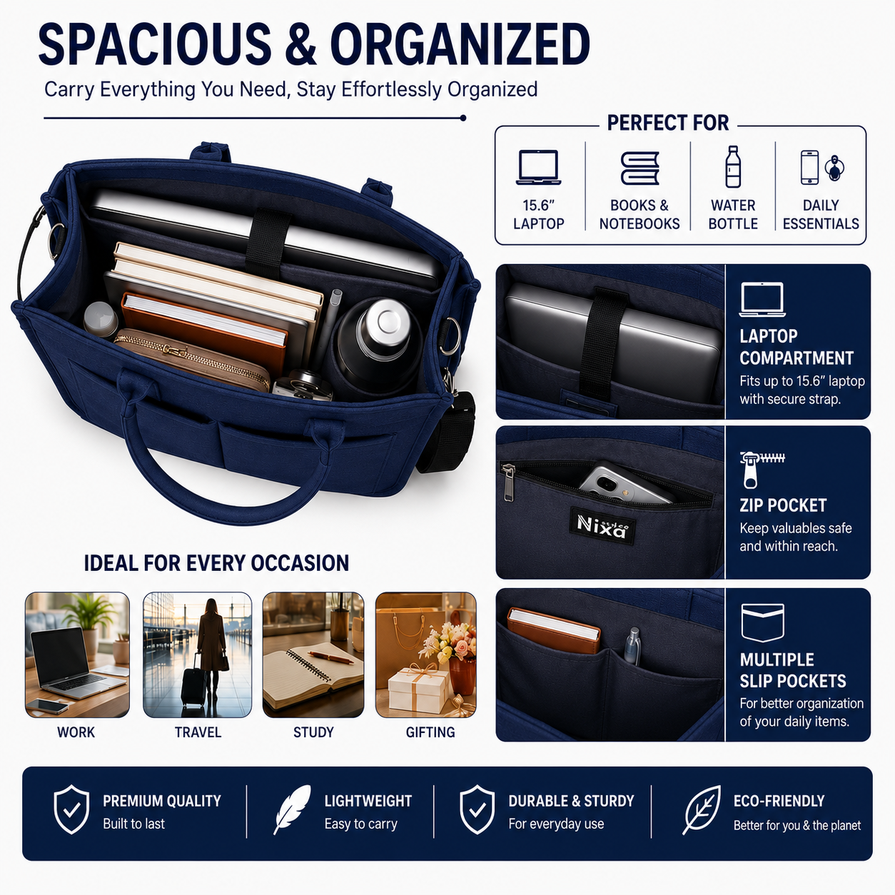 Navy Blue Convertible Canvas Tote & Laptop Bag with Trolley Strap