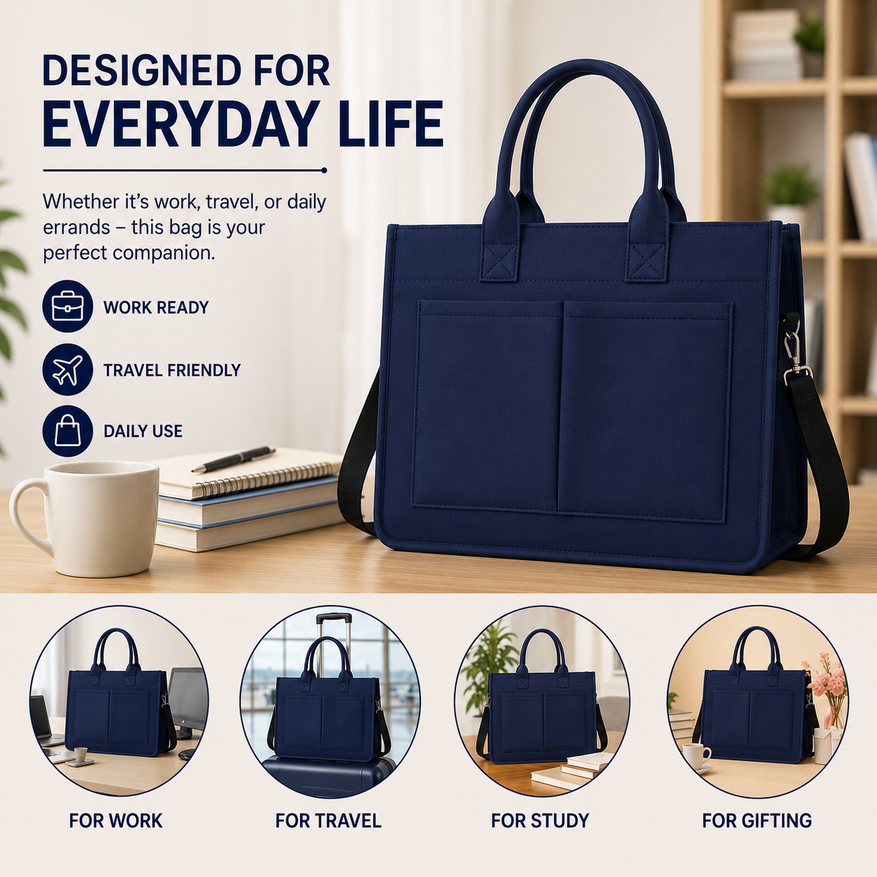 Navy Blue Convertible Canvas Tote & Laptop Bag with Trolley Strap