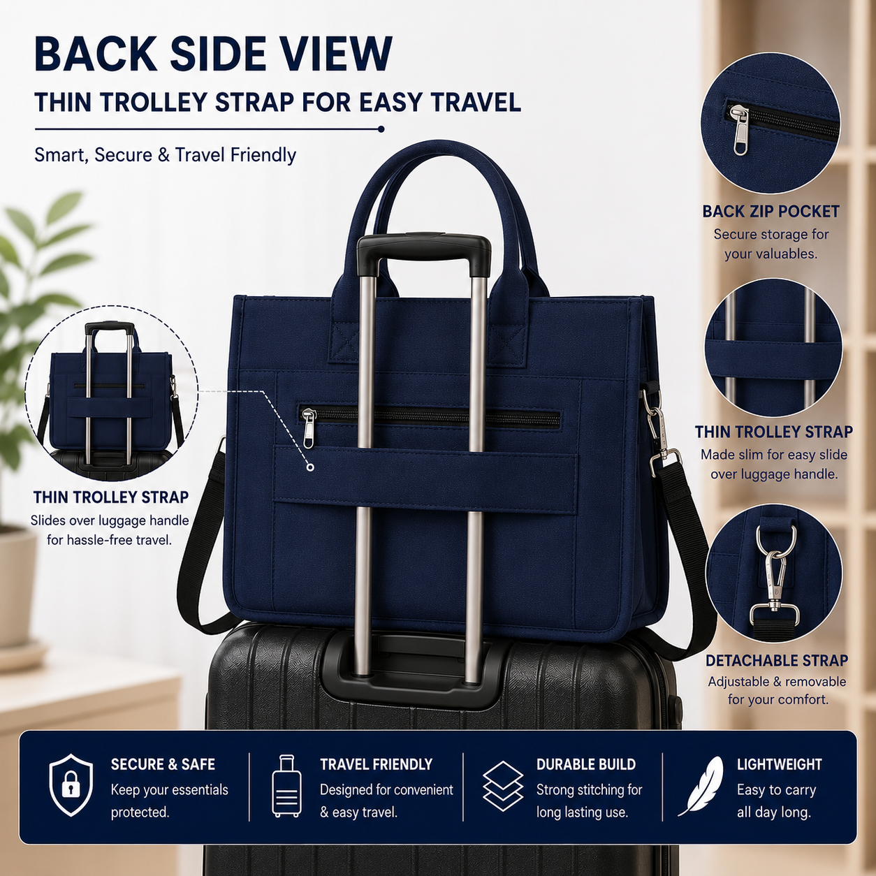 Navy Blue Convertible Canvas Tote & Laptop Bag with Trolley Strap