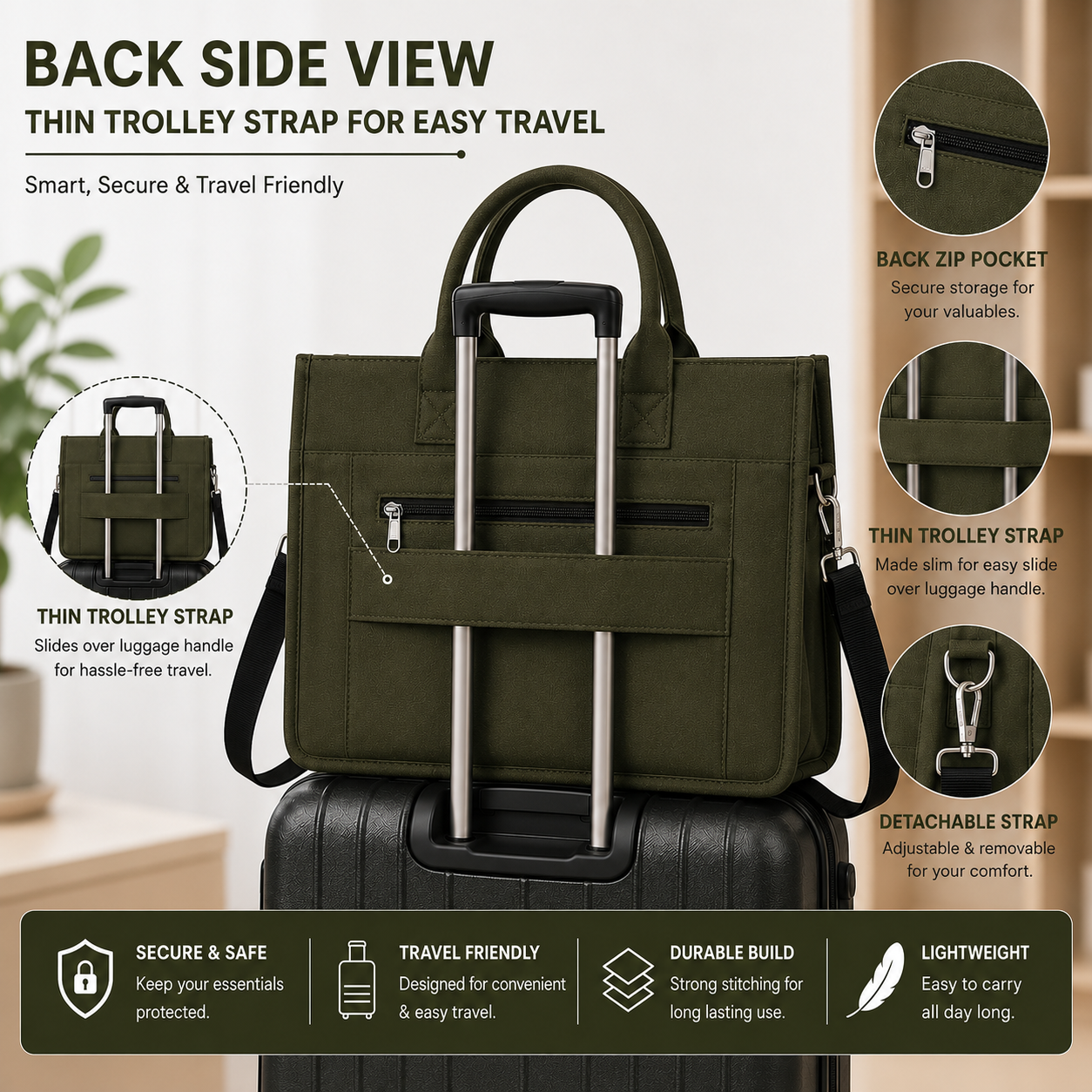 Olive Green Convertible Canvas Tote & Laptop Bag with Trolley Strap